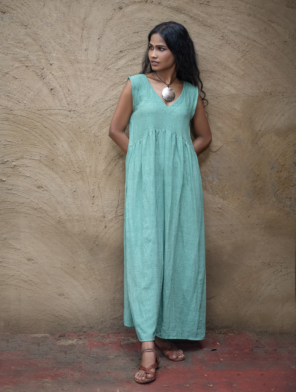 Handwoven Elegance. Organic Kala Cotton Long Dress - Sea Green