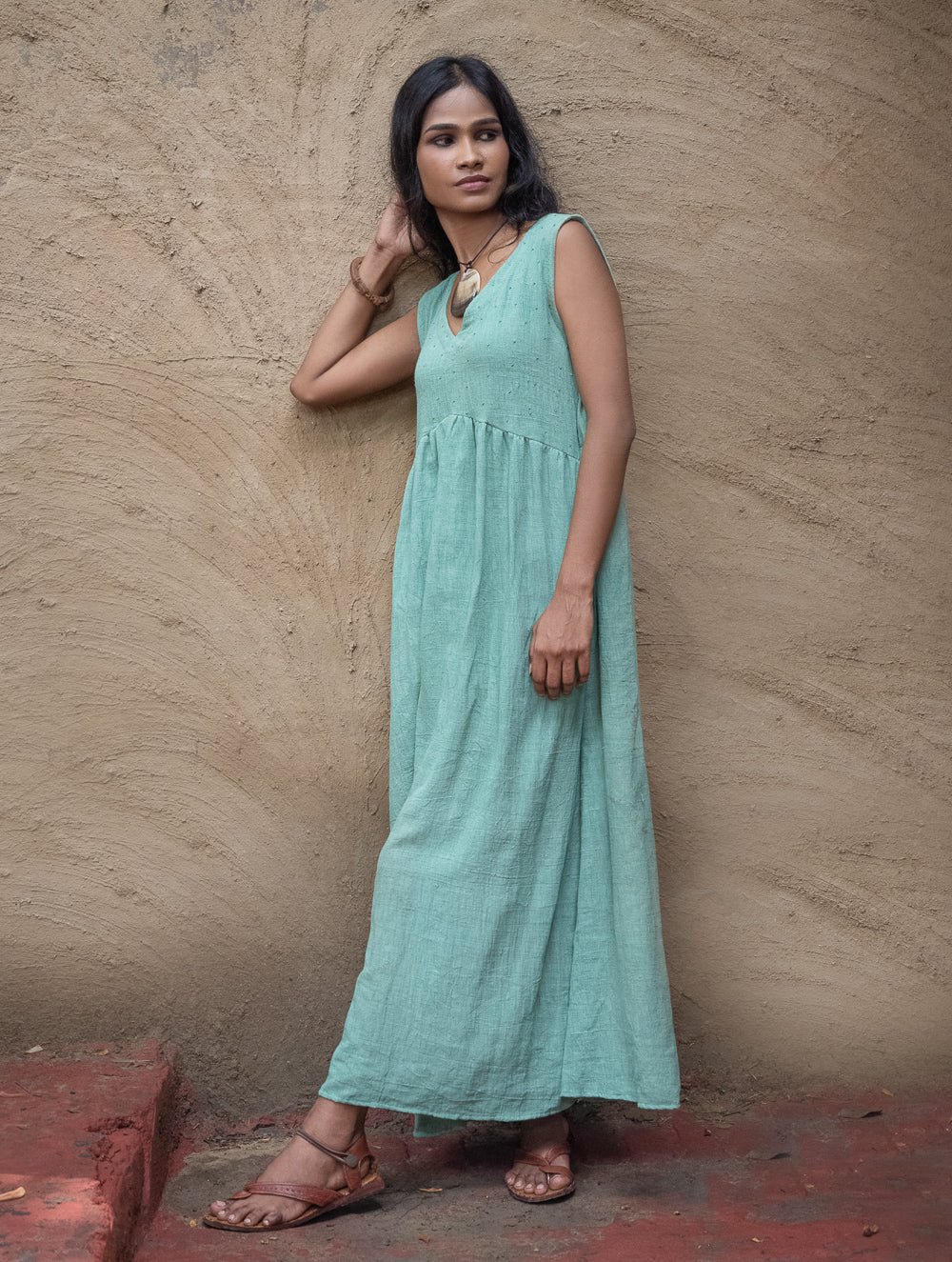 Handwoven Elegance. Organic Kala Cotton Long Dress - Sea Green