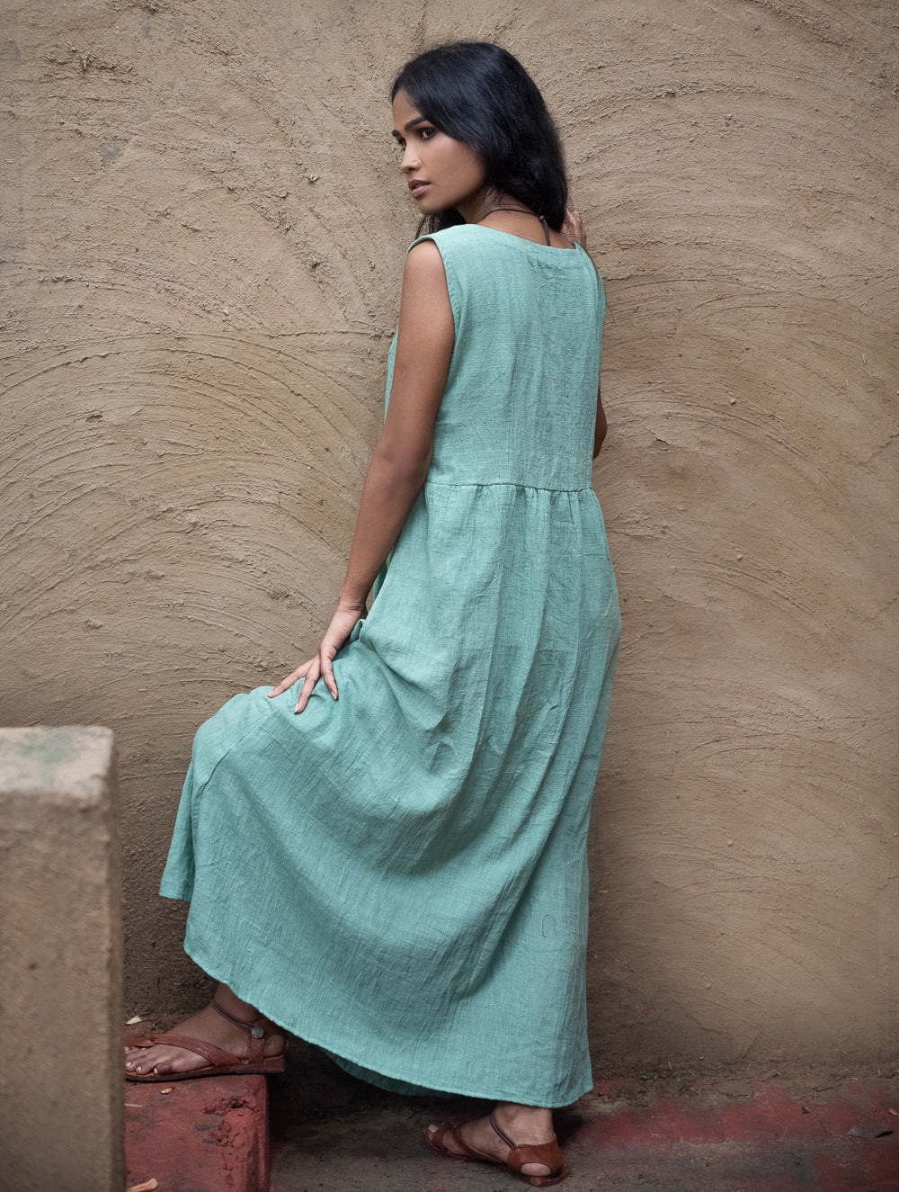 Handwoven Elegance. Organic Kala Cotton Long Dress - Sea Green