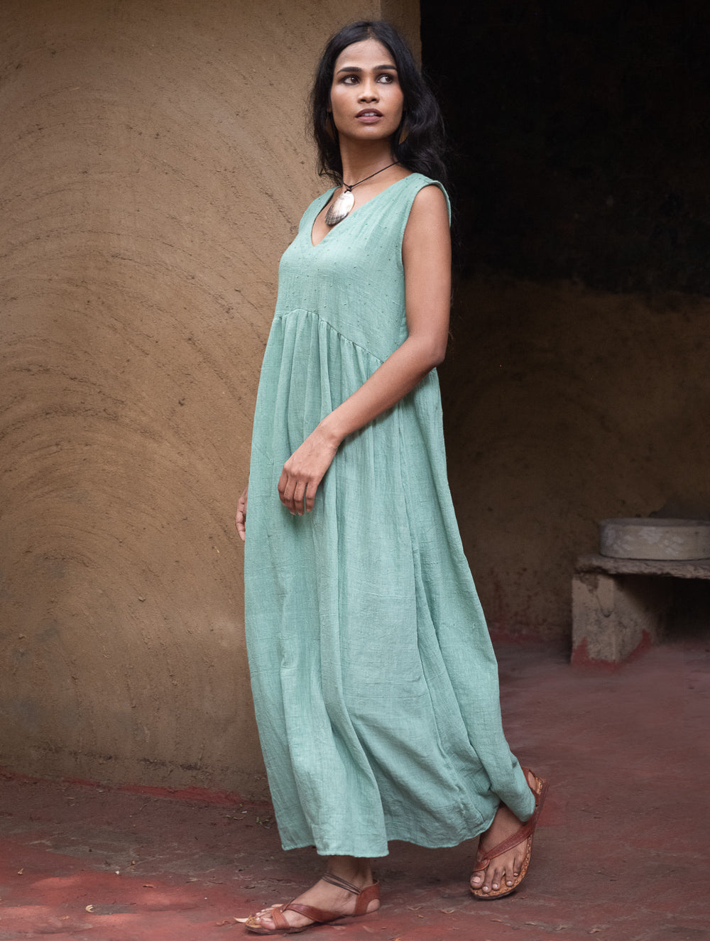 Handwoven Elegance. Organic Kala Cotton Long Dress - Sea Green