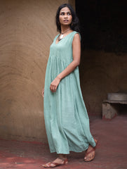 Handwoven Elegance. Organic Kala Cotton Long Dress - Sea Green