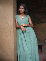 Handwoven Elegance. Organic Kala Cotton Long Dress - Sea Green