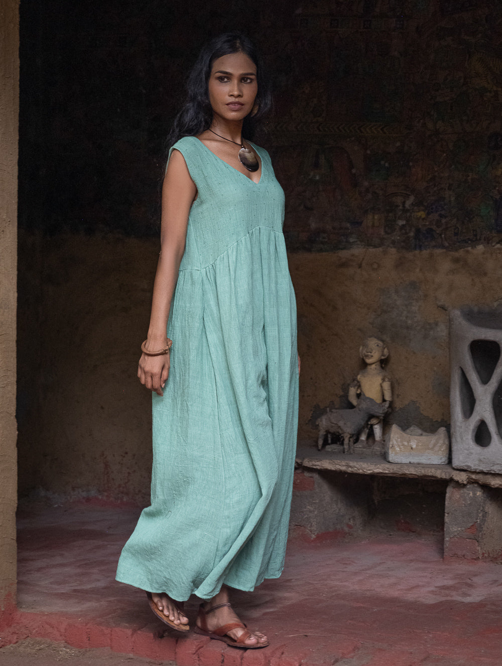 Handwoven Elegance. Organic Kala Cotton Long Dress - Sea Green