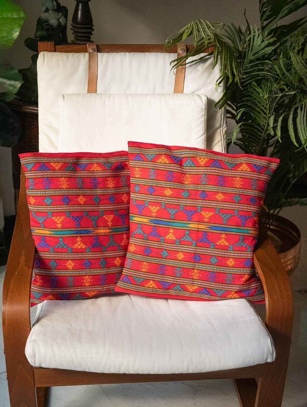 Handwoven Kashida Pattu Cushion Covers - Striking Red Stripes (Set of 2)