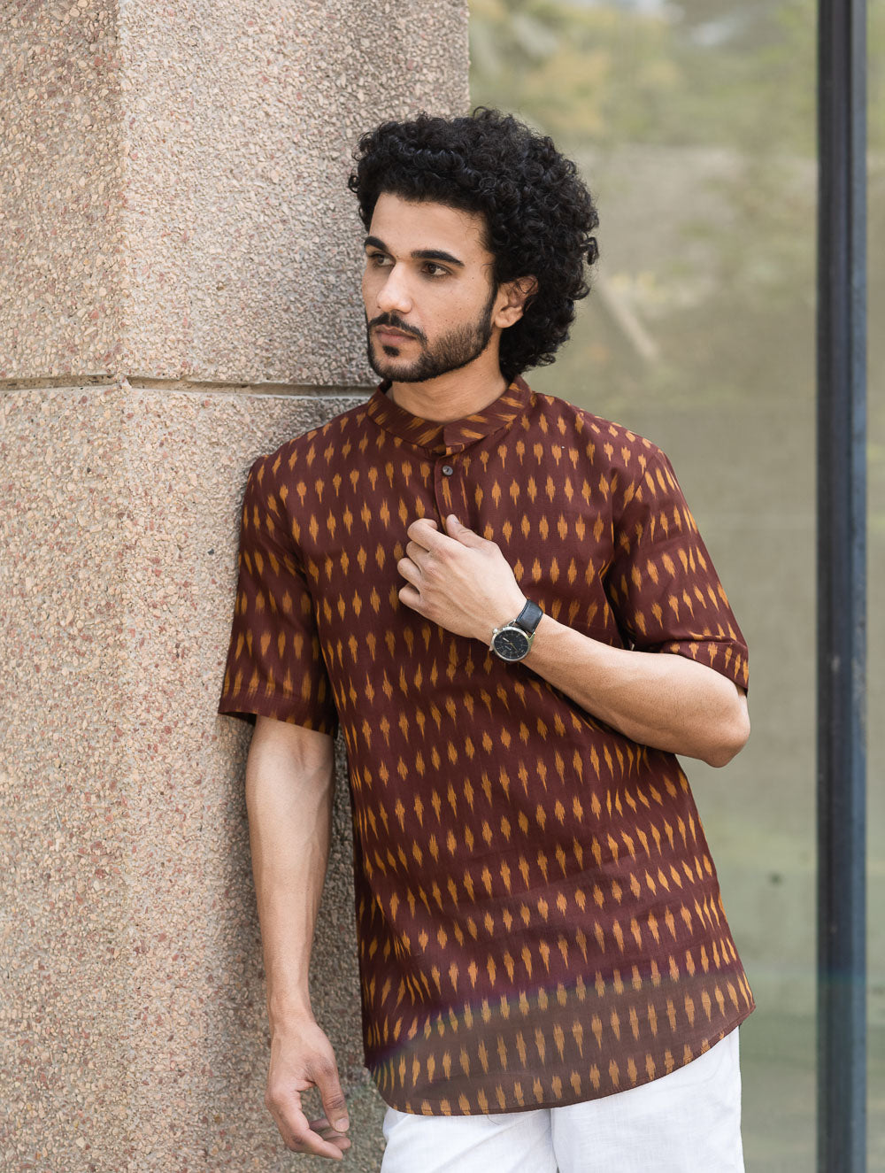 Ikat Hand Woven Soft Cotton Shirt - Brown Summer
