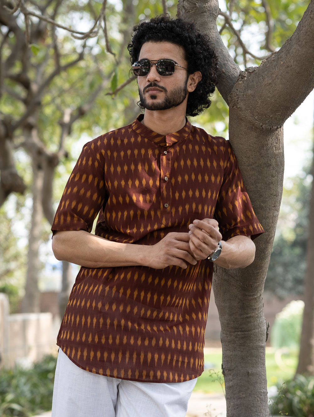 Ikat Hand Woven Soft Cotton Shirt - Brown Summer