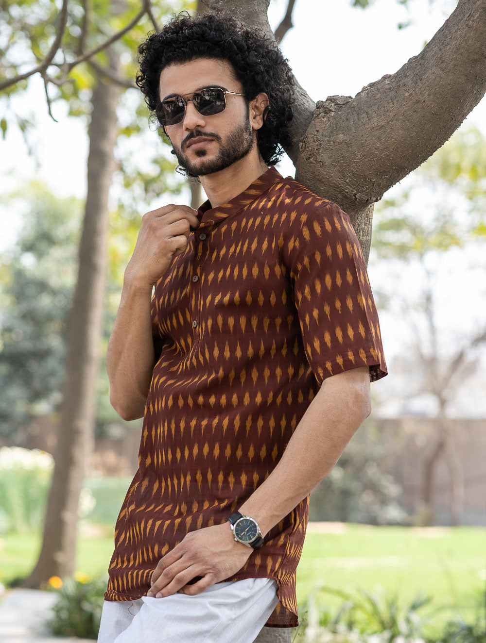 Ikat Hand Woven Soft Cotton Shirt - Brown Summer