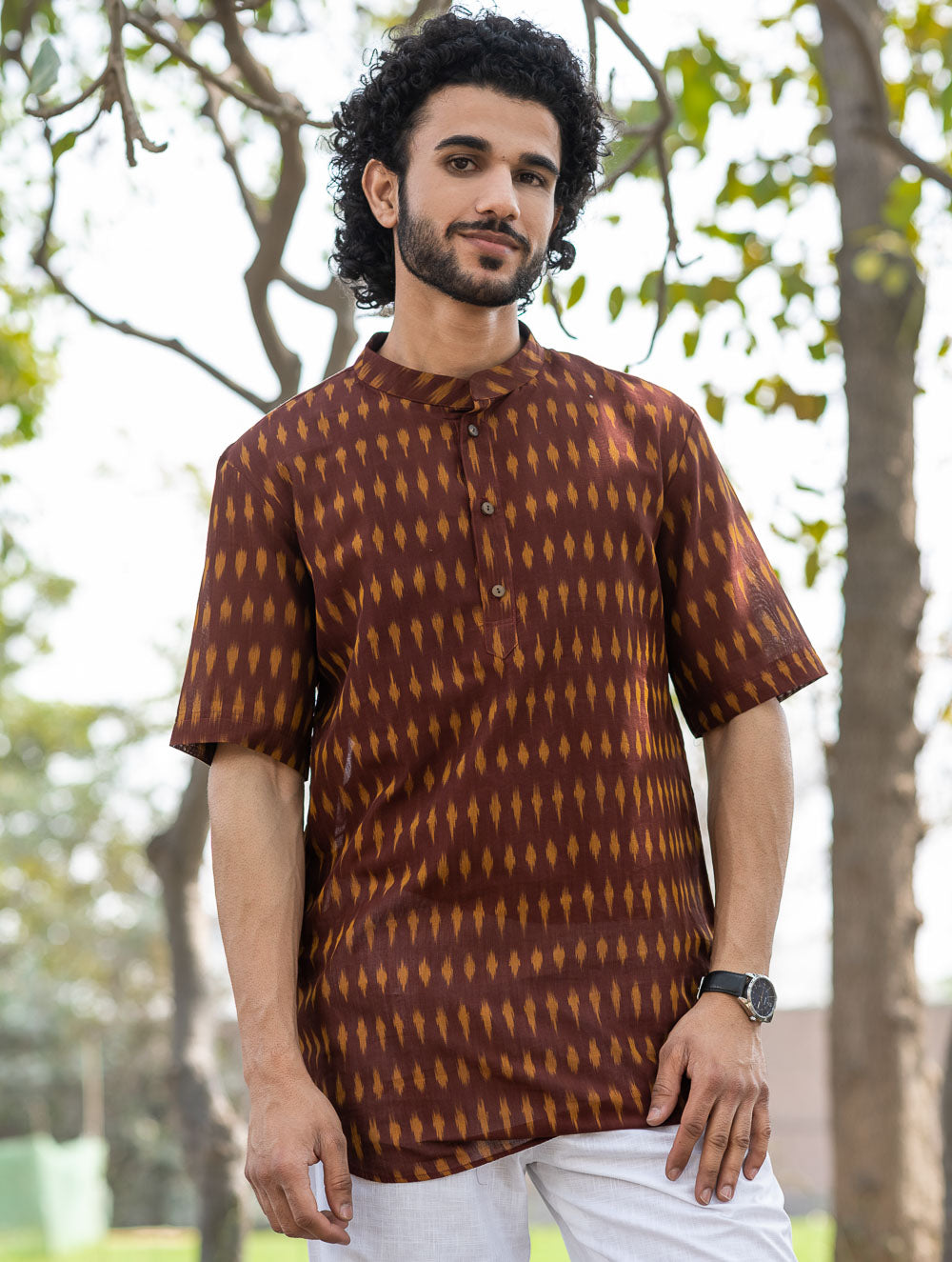 Ikat Hand Woven Soft Cotton Shirt - Brown Summer