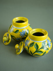 Jaipur Blue Pottery Small Jars with Lids - Yellow Floral (Set of 2)