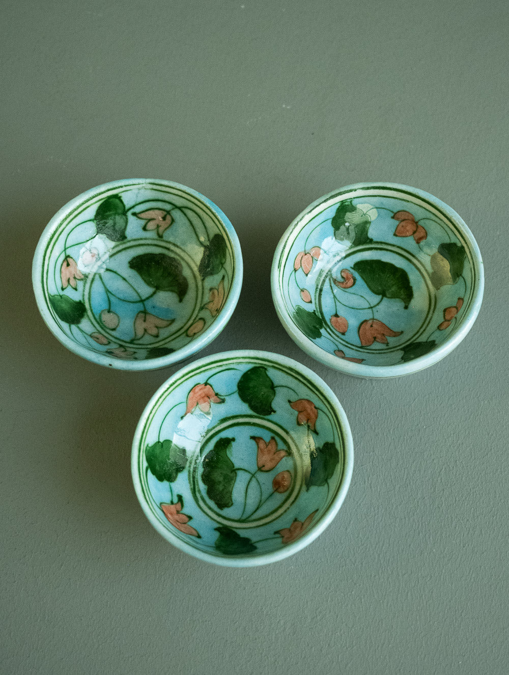 Jaipur Blue Pottery Small Nut Bowls - Soft Blue Floral (Set of 3)
