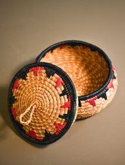 Handcrafted Moonj Grass Round Multi-Utility Basket with Lid - Red Accent