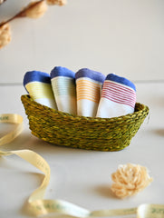 Handwoven Soft Kerala Cotton Kitchen-to-Coast Towels Gift Set in Sabai Grass Basket - Sunlit Stripes (Set of 5)