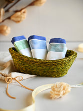 Handwoven Soft Kerala Cotton Kitchen-to-Coast Towels Gift Set in Sabai Grass Basket - Coastal Breeze (Set of 4)