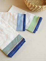 Handwoven Soft Kerala Cotton Kitchen-to-Coast Towels Gift Set in Sabai Grass Basket - Coastal Breeze (Set of 4)
