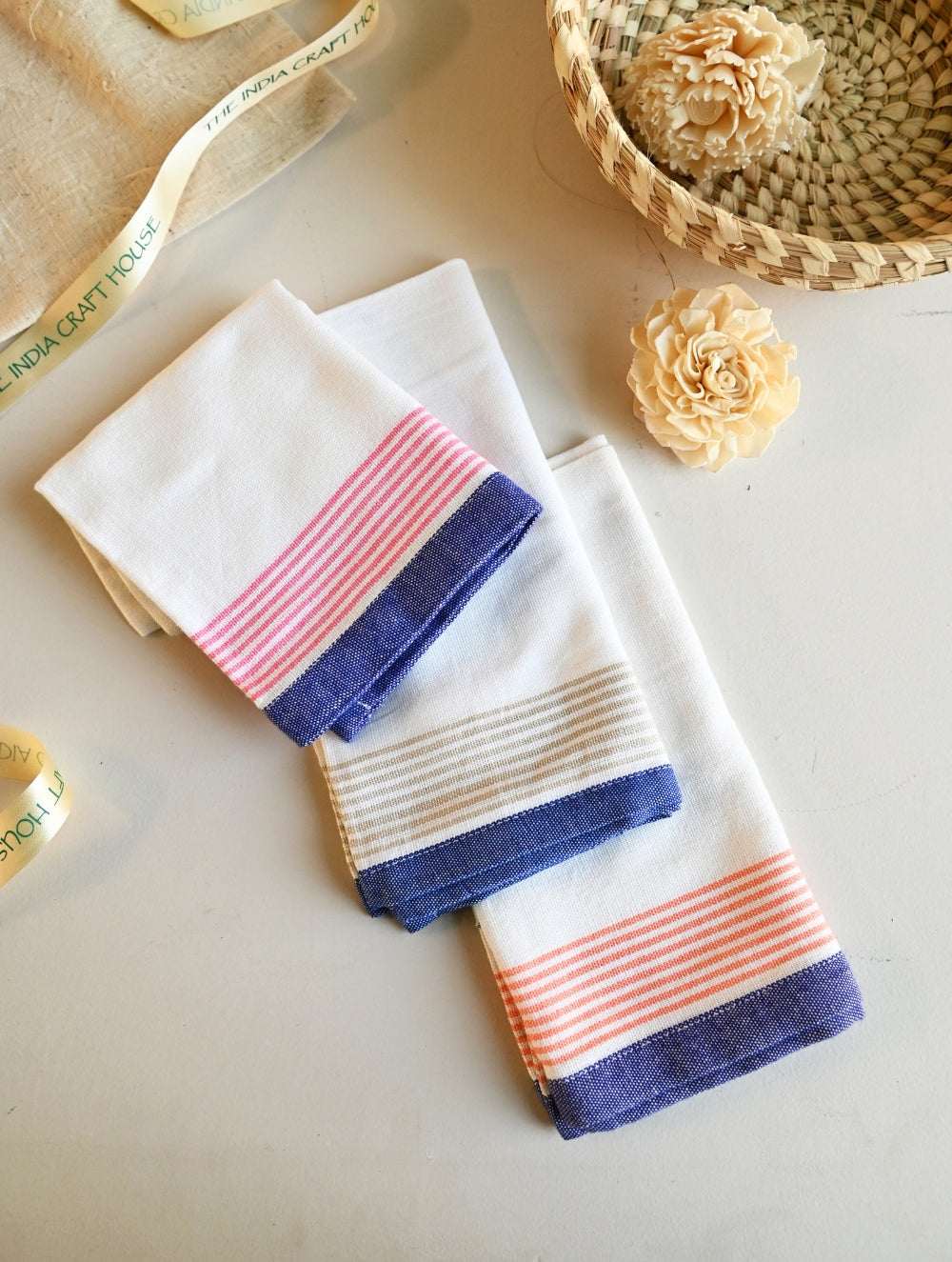 Handwoven Soft Kerala Cotton Kitchen-to-Coast Towels Gift Set in Sabai Grass Basket - Twilight Citrus (Set of 4)