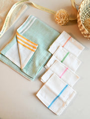 Handwoven Soft Kerala Cotton Kitchen-to-Coast Towels Gift Set in Sabai Grass Basket - Mint Whisper (Set of 6)