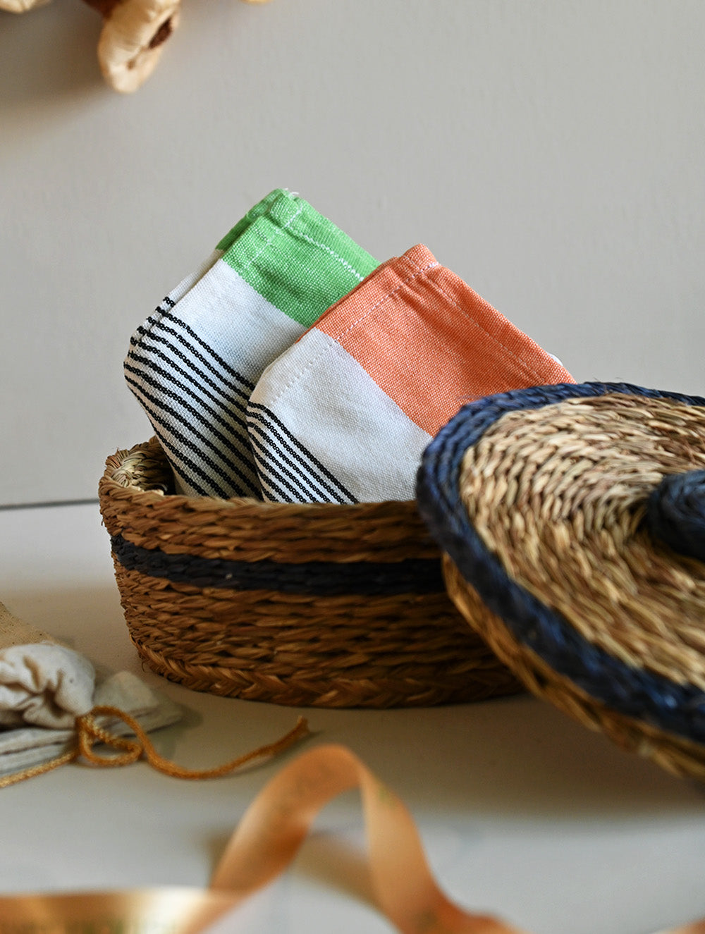Handwoven Soft Kerala Cotton Kitchen-to-Coast Towels Gift Set in Sabai Grass Basket - Citrus Contrast (Set of 3)