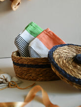 Handwoven Soft Kerala Cotton Kitchen-to-Coast Towels Gift Set in Sabai Grass Basket - Citrus Contrast (Set of 3)