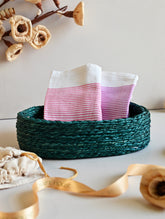 Handwoven Soft Kerala Cotton Kitchen-to-Coast Towels Gift Set in Sabai Grass Basket - Blush Stripe (Set of 3)