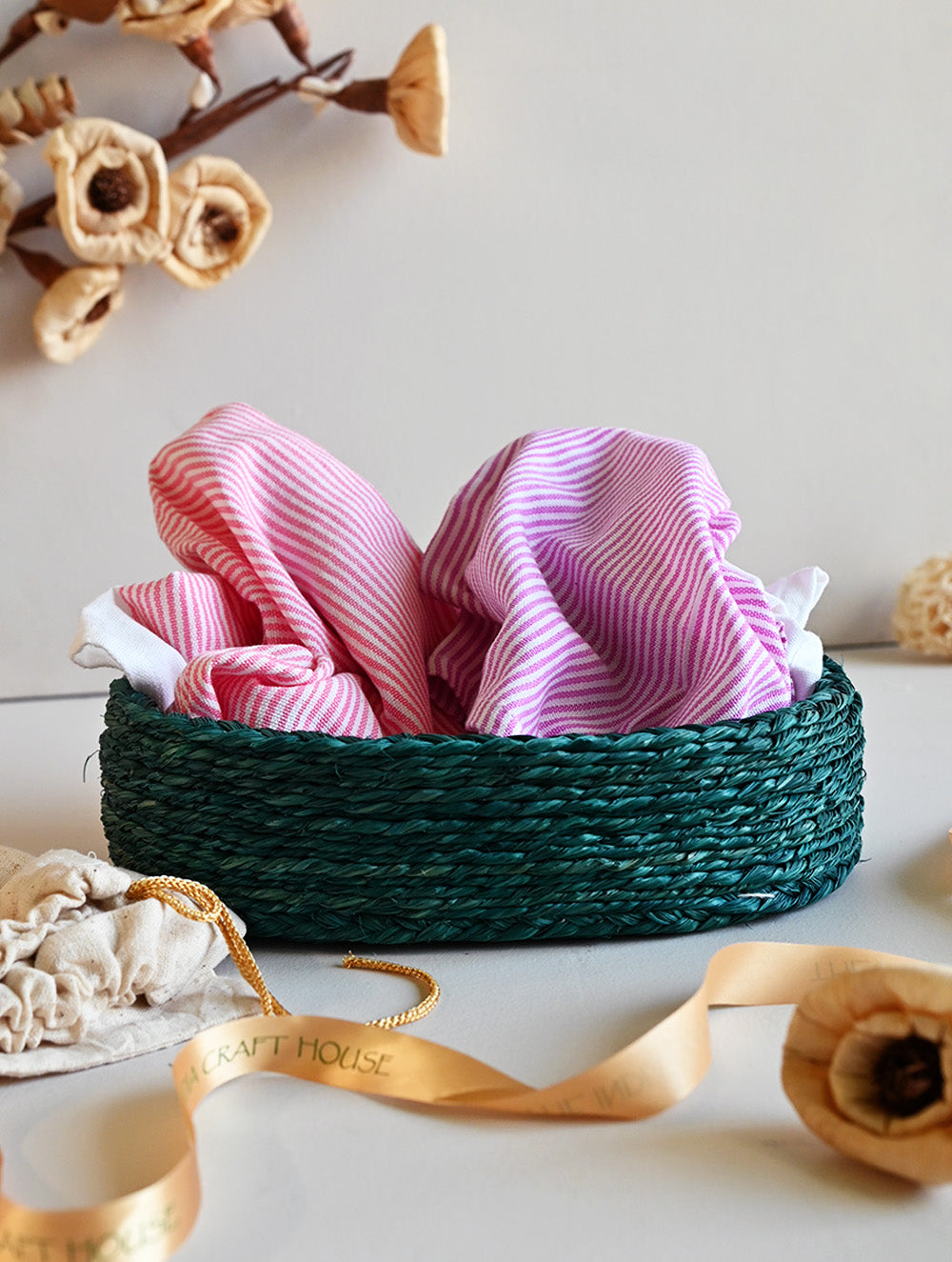 Handwoven Soft Kerala Cotton Kitchen-to-Coast Towels Gift Set in Sabai Grass Basket - Blush Stripe (Set of 3)