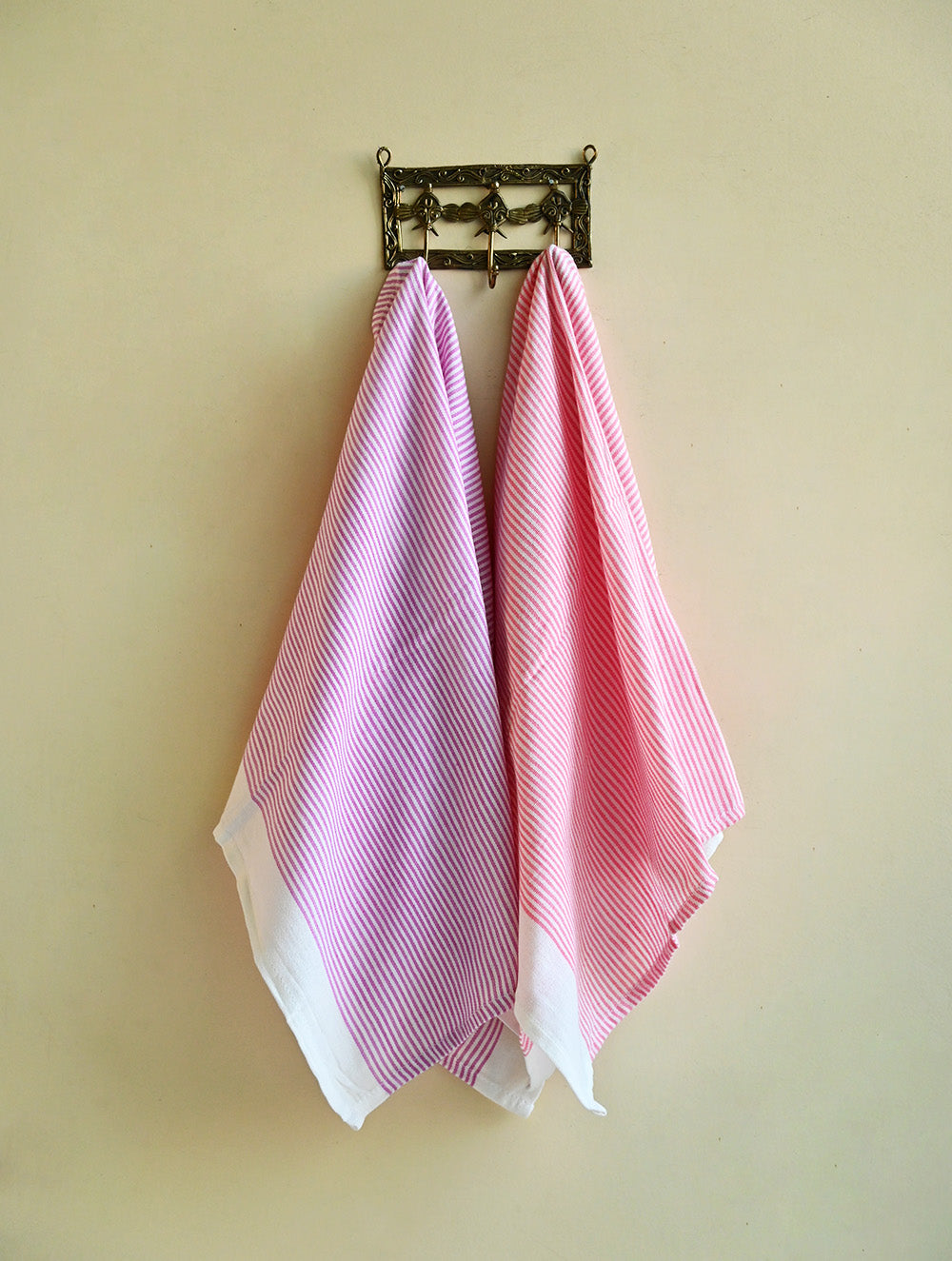 Handwoven Soft Kerala Cotton Kitchen-to-Coast Towels Gift Set in Sabai Grass Basket - Blush Stripe (Set of 3)