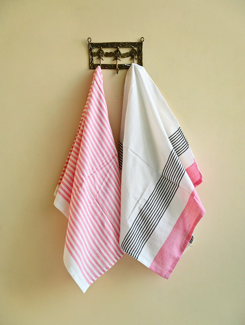 Handwoven Soft Kerala Cotton Kitchen-to-Coast Towels Gift Set in Sabai Grass Basket - Rosewood Blush (Set of 3)
