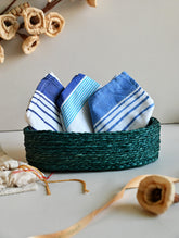 Handwoven Soft Kerala Cotton Kitchen-to-Coast Towels Gift Set in Sabai Grass Basket - Azure Rhythm (Set of 4)
