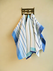 Handwoven Soft Kerala Cotton Kitchen-to-Coast Towels Gift Set in Sabai Grass Basket - Azure Rhythm (Set of 4)