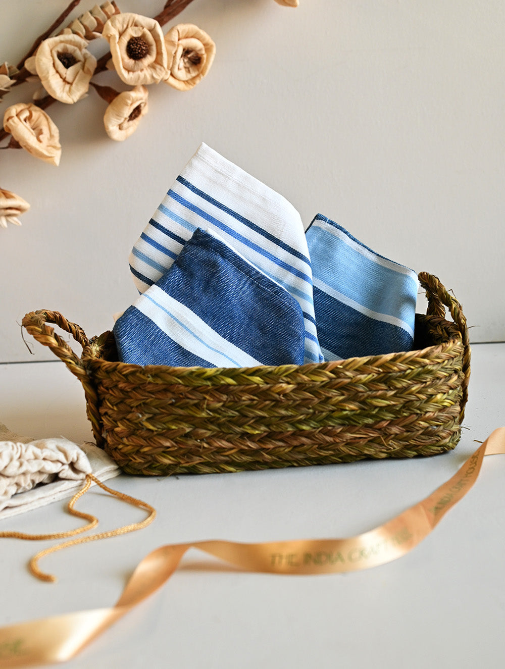 Handwoven Soft Kerala Cotton Kitchen-to-Coast Towels Gift Set in Sabai Grass Basket - Indigo Weave (Set of 4)