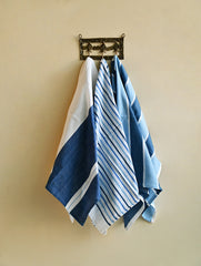Handwoven Soft Kerala Cotton Kitchen-to-Coast Towels Gift Set in Sabai Grass Basket - Indigo Weave (Set of 4)
