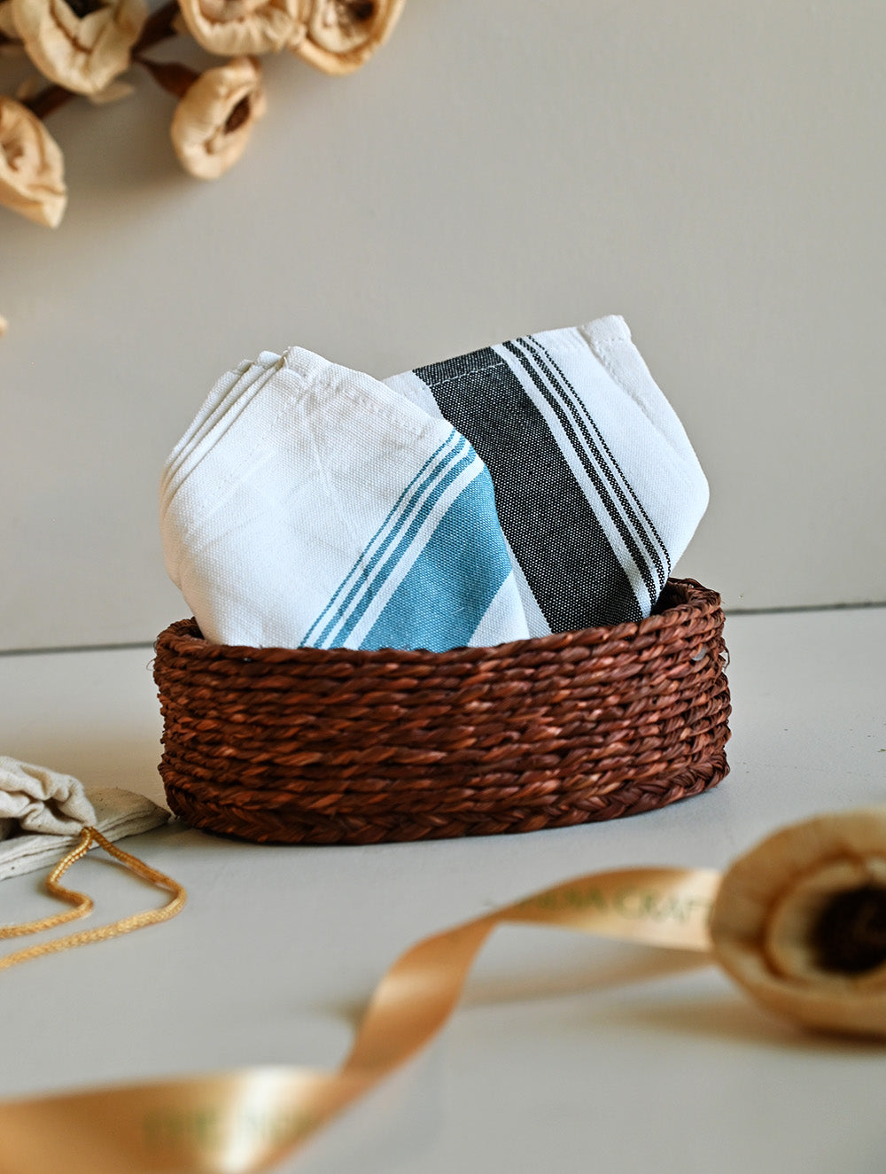 Handwoven Soft Kerala Cotton Kitchen-to-Coast Towels Gift Set in Sabai Grass Basket - Teal Contrast (Set of 3)
