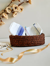 Handwoven Soft Kerala Cotton Kitchen-to-Coast Towels Gift Set in Sabai Grass Basket - Ocean Line (Set of 3)