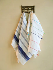 Handwoven Soft Kerala Cotton Kitchen-to-Coast Towels Gift Set in Sabai Grass Basket - Ocean Line (Set of 3)