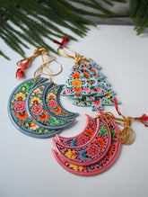 Kashmiri Art Xmas Decorations - Blue & Pink Florals (Set of 9)