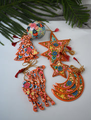 Kashmiri Art Xmas Decorations - Orange Florals (Set of 13)