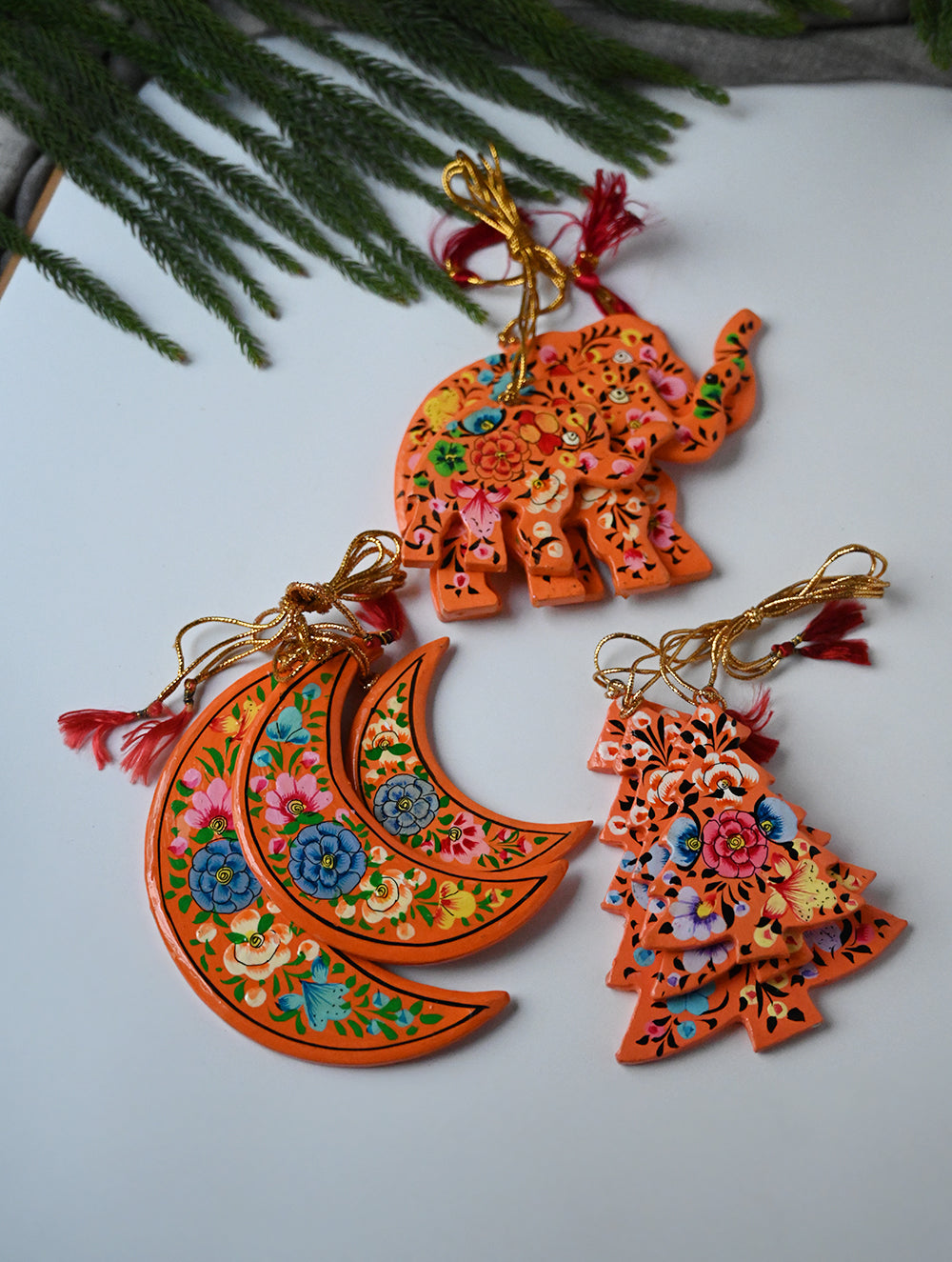 Kashmiri Art Xmas Decorations - Orange Flowers (Set of 9)