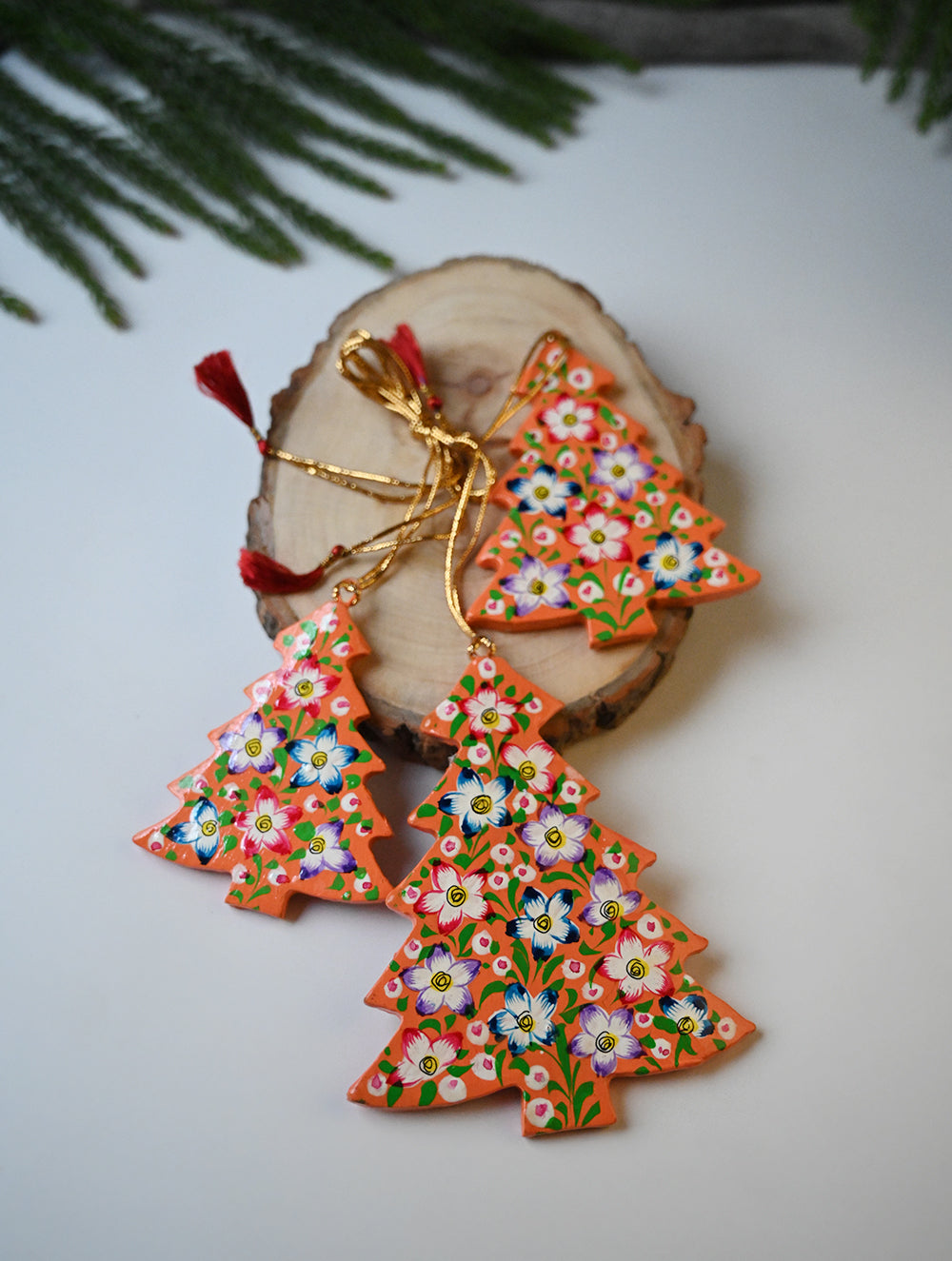Kashmiri Art Xmas Decorations - Orange & Gold Flora (Set of 9)