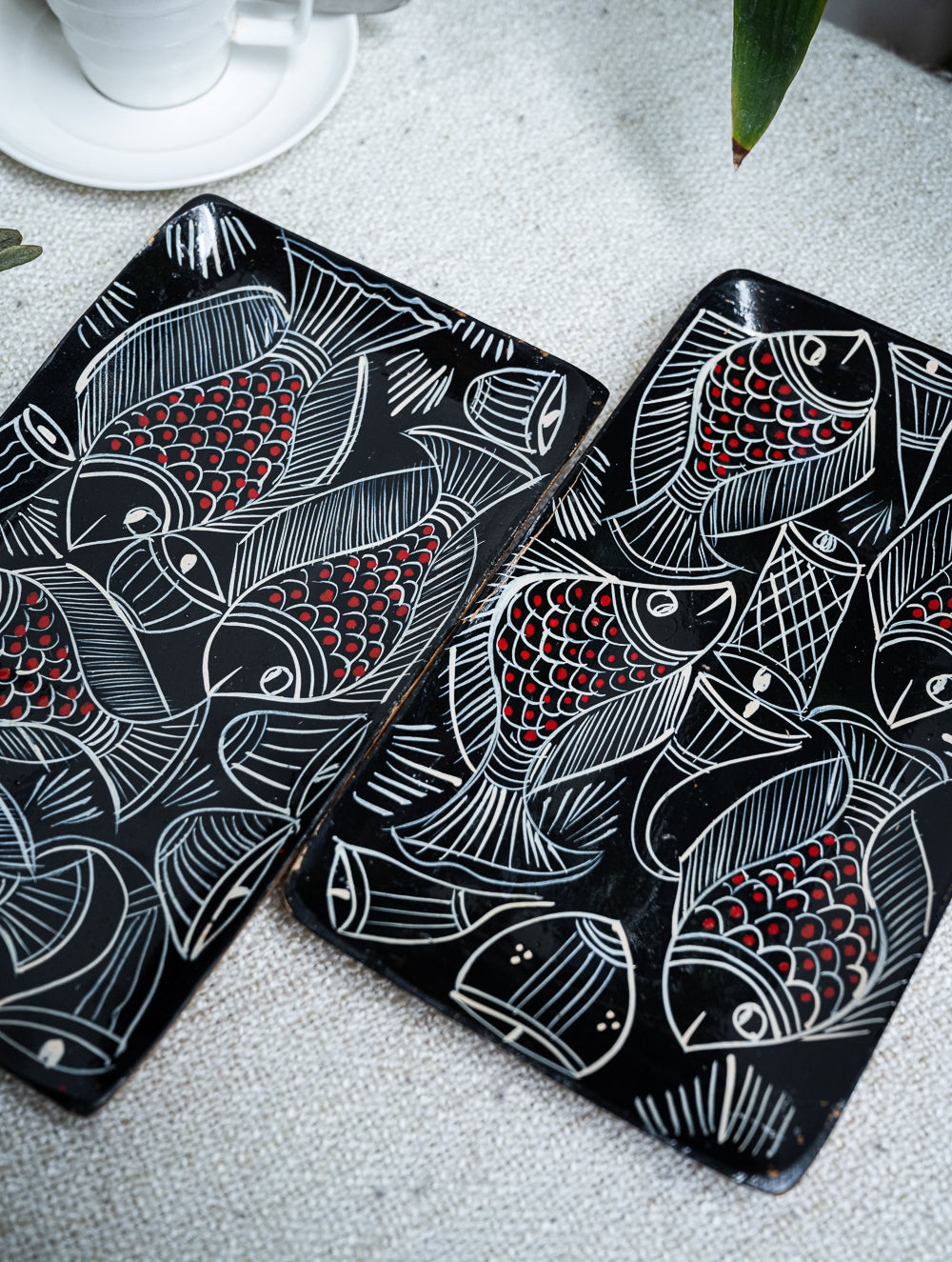 Lacquered, Hand Painted Patua Art Wooden Tray - Fish (Set of 2)