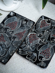 Lacquered, Hand Painted Patua Art Wooden Tray - Fish (Set of 2)