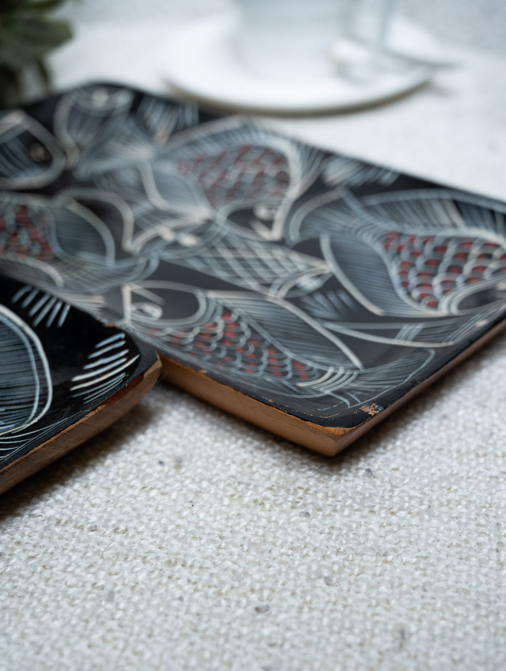 Lacquered, Hand Painted Patua Art Wooden Tray - Fish (Set of 2)