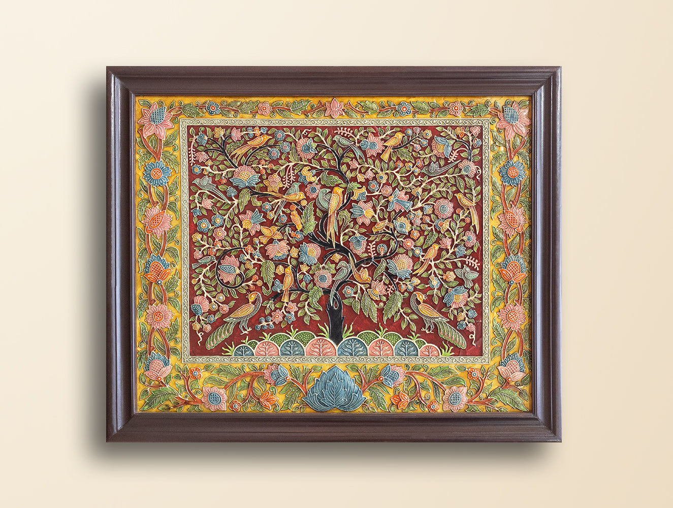 Large Hand-rendered Stone Dust Painting - Bahare-Bagh (Framed 24" x 35")
