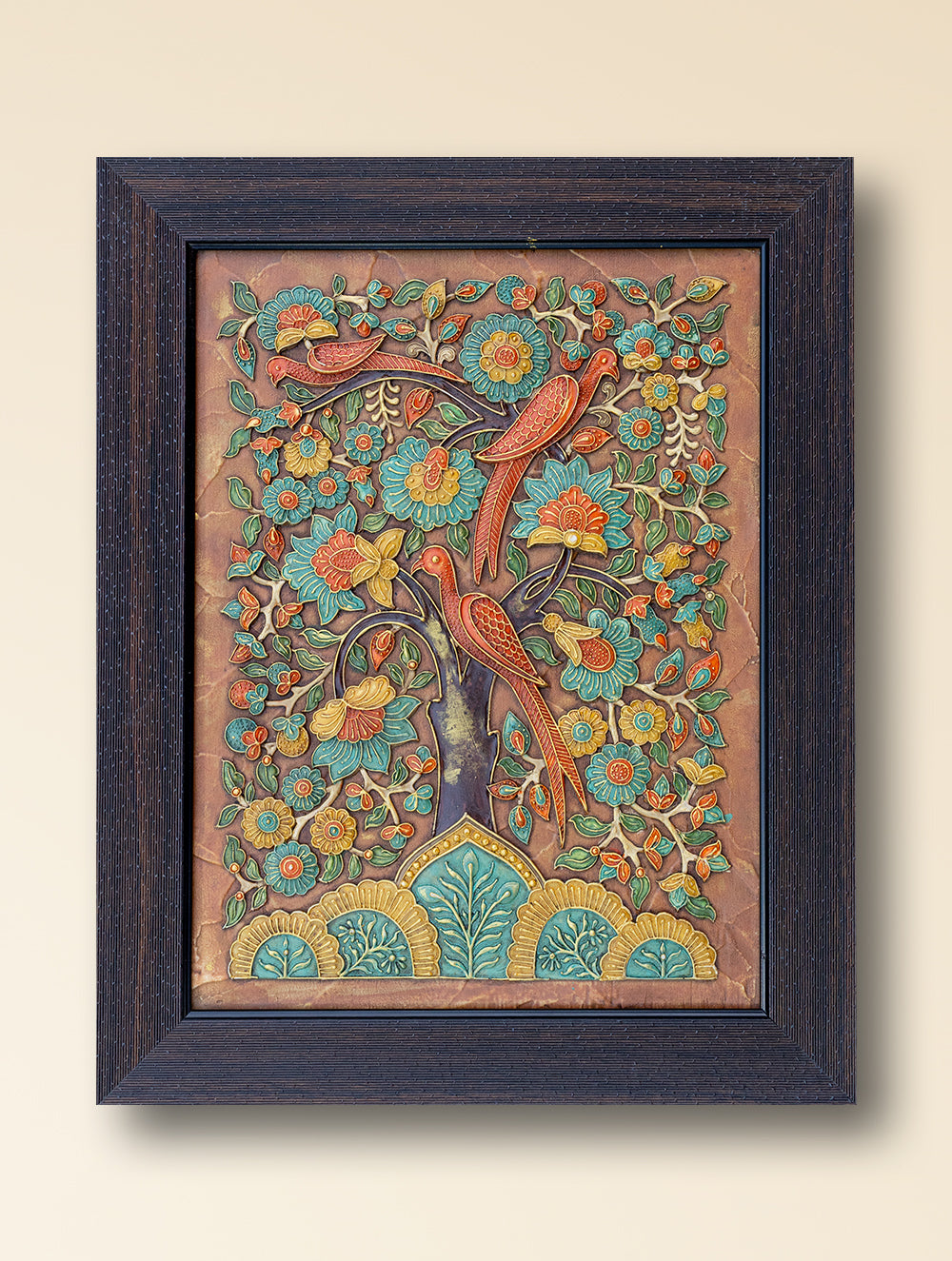 Large Hand-rendered Stone Dust Painting - The Gilded Perch (Framed 19" x 16")