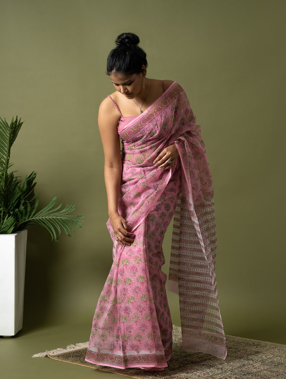 Light & Breezy. Sanganeri Hand Block Printed Kota Doria - Pink Flora