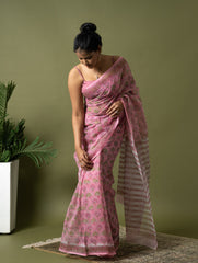 Light & Breezy. Sanganeri Hand Block Printed Kota Doria - Pink Flora