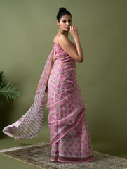 Light & Breezy. Sanganeri Hand Block Printed Kota Doria - Pink Flora