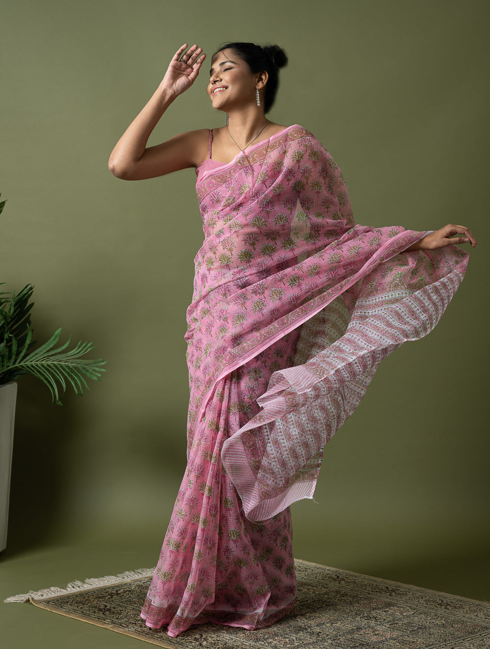 Light & Breezy. Sanganeri Hand Block Printed Kota Doria - Pink Flora