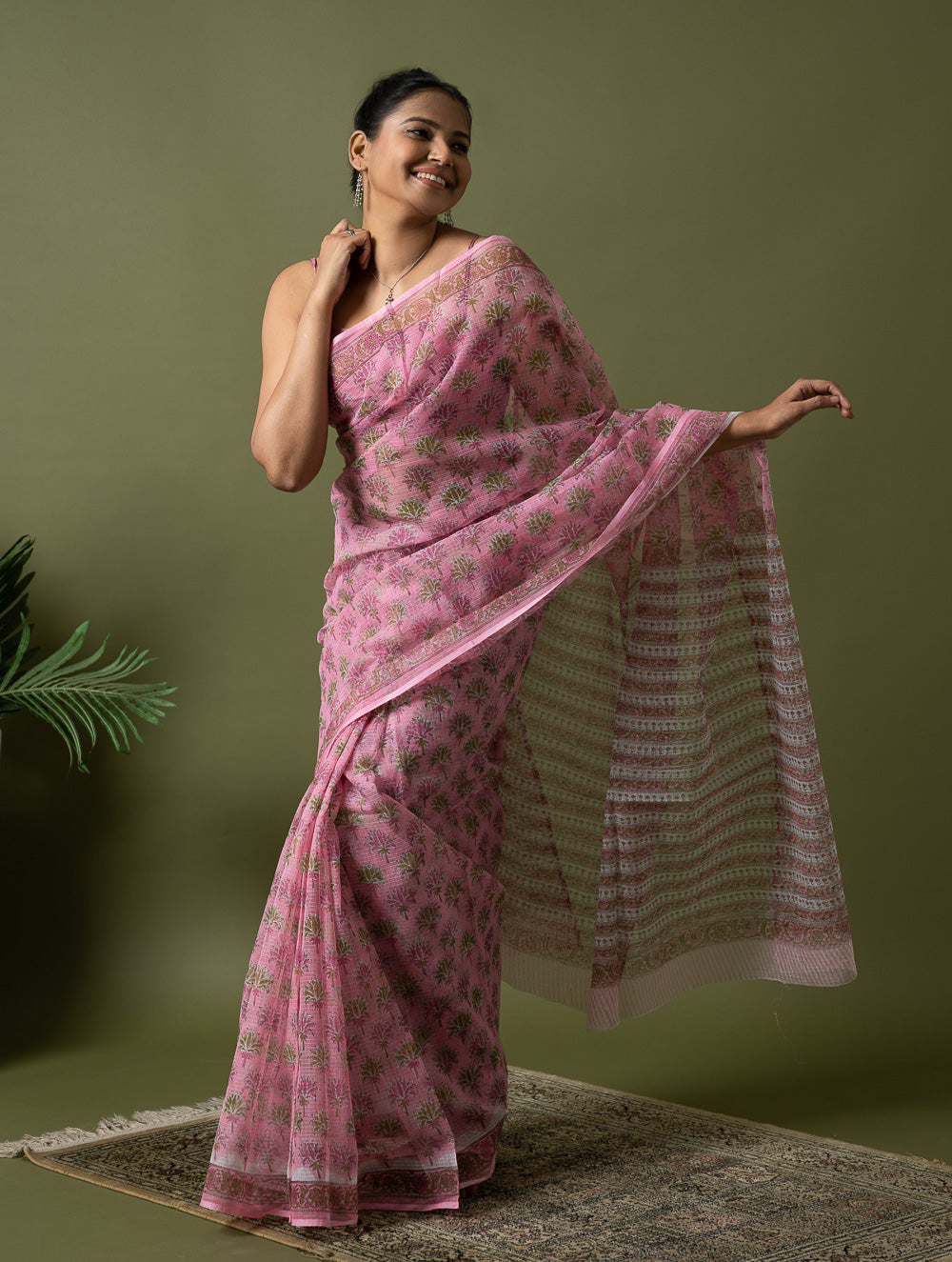 Light & Breezy. Sanganeri Hand Block Printed Kota Doria - Pink Flora