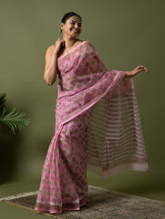Light & Breezy. Sanganeri Hand Block Printed Kota Doria - Pink Flora