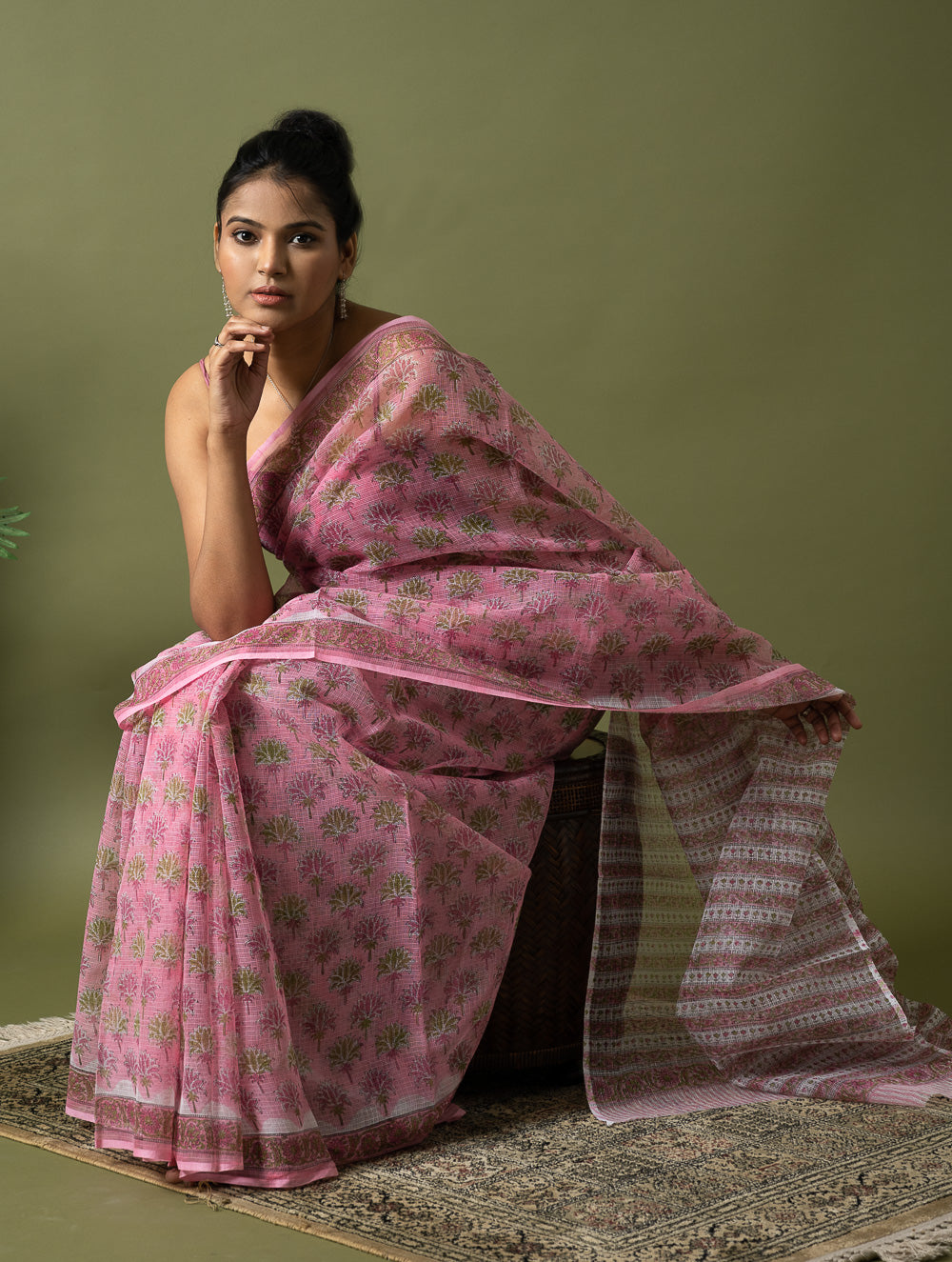 Light & Breezy. Sanganeri Hand Block Printed Kota Doria - Pink Flora