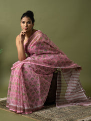 Light & Breezy. Sanganeri Hand Block Printed Kota Doria - Pink Flora